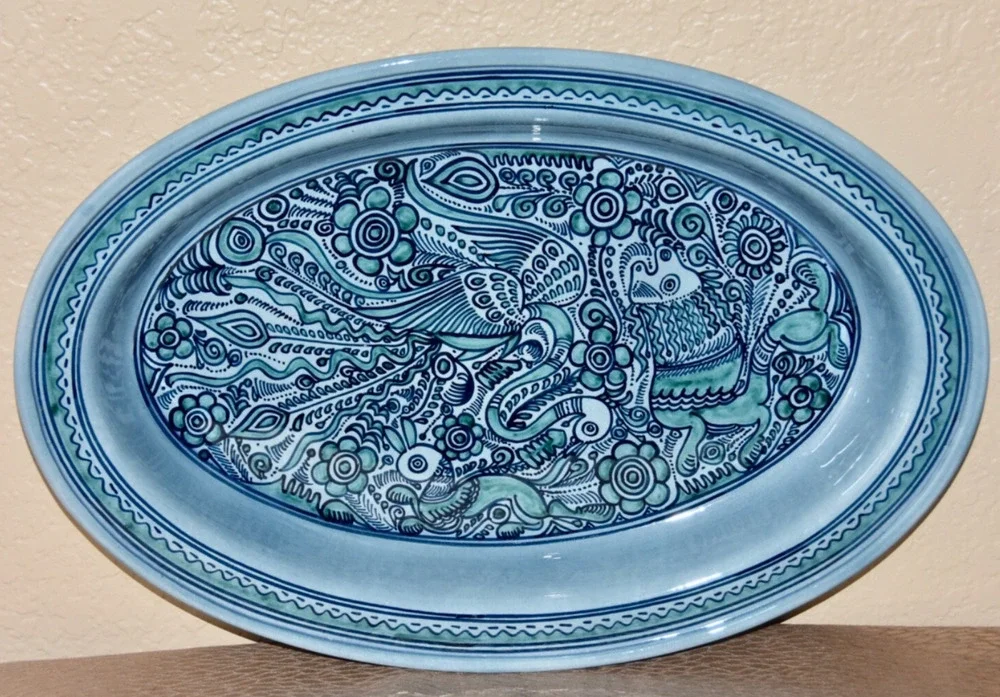 Felix Tissot Fantasia Taxco Mexican Artisan Modernist Pottery Oval Bowl Platter